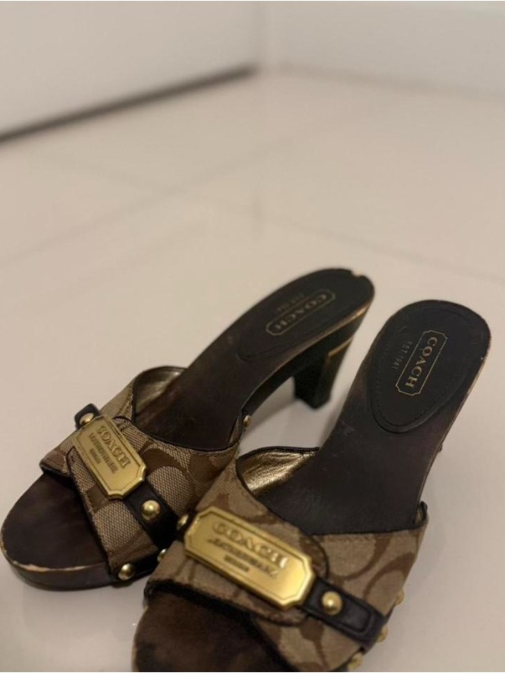 Coach Brown Signature Canvas Mule Heels with Gold Plaques